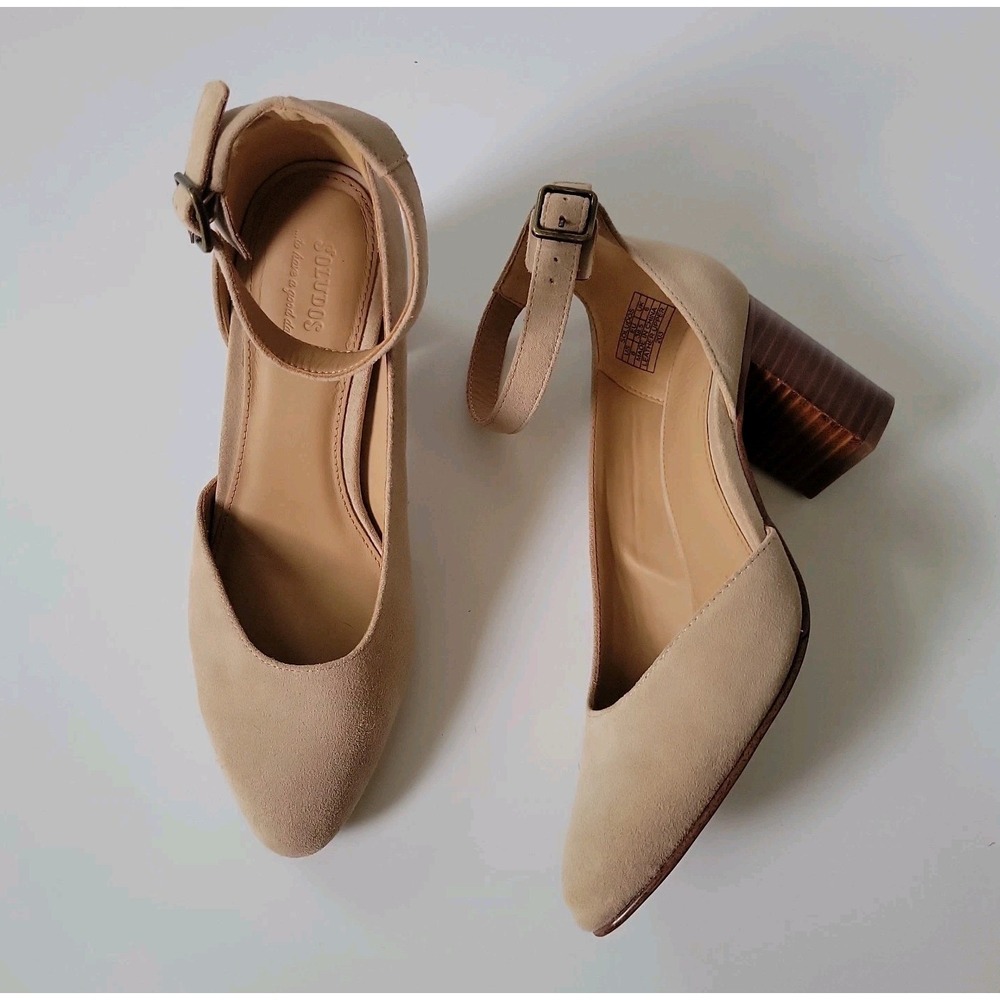 Soludos Gemma Half D'Orsay Stacked Heel Pumps 8 Sand Suede Ankle Strap Neutral
